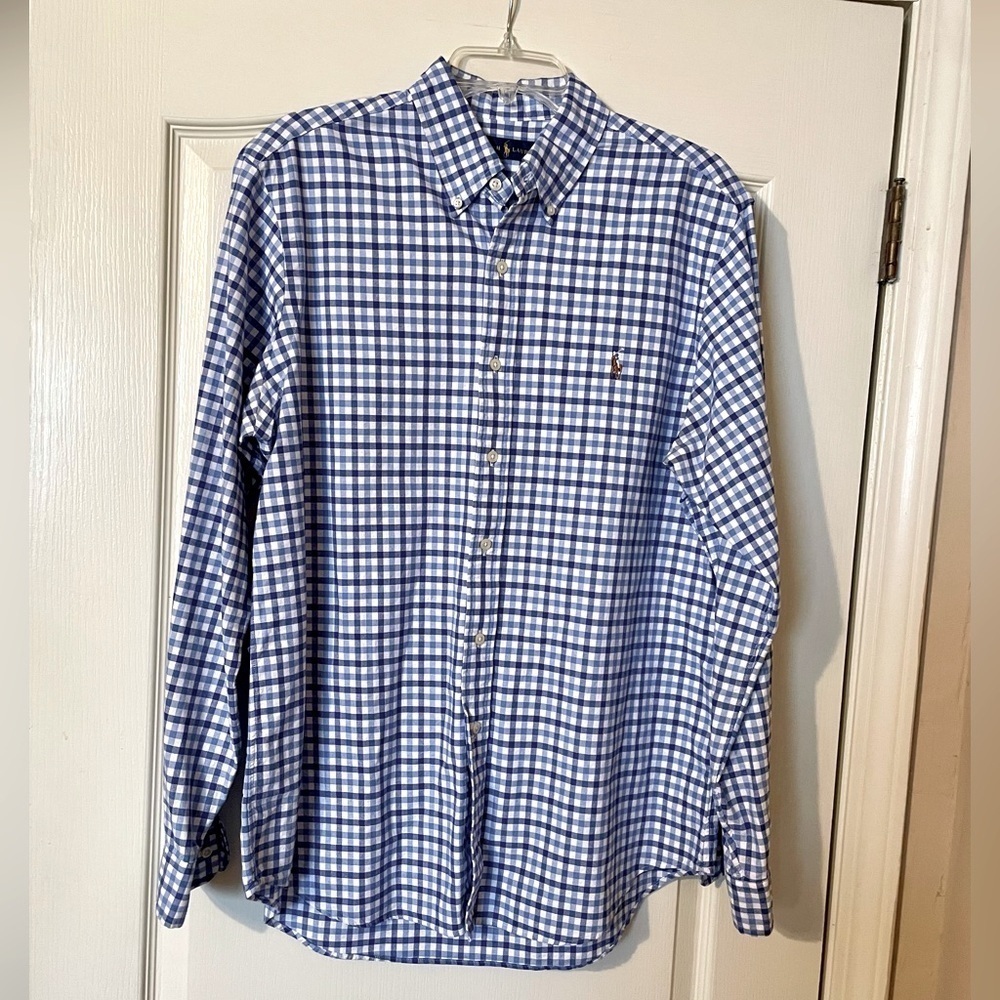 Ralph Lauren Men's Large Button Up Shirt 100% Cotton Blue Check Long Sleeve